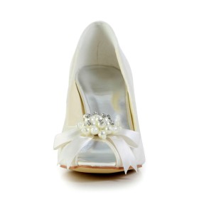 Eleganti Avorio Con Fiocco Spuntate Tacco Alto Scarpe Da Sera Con Strass Tacco A Spillo Punta Tonda Decollete Con Perle Tulle Scarpe Sposa Sandali