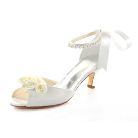 Eleganti Scarpe Sposa Cinturino Alla Caviglia Estivi Fiori In Raso Sandali Donna Con Perle Con Fiocco Stringati Con Tacco Medio Tacchi A Spillo