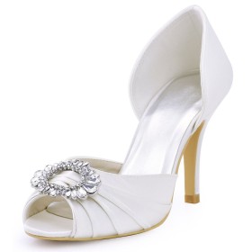 Sommer Sandalen Mit Kristall 8 cm High Heel Weiß Plissee Brautschuhe Peeptoes Schlupfschuhe Stilettos