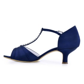 Steentjes Peeptoe Bruidsschoenen Sandalen Navy Blauwe Enkelbandje Naaldhakken 6 cm Middelhoge Heels Satijnen