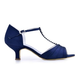 Steentjes Peeptoe Bruidsschoenen Sandalen Navy Blauwe Enkelbandje Naaldhakken 6 cm Middelhoge Heels Satijnen