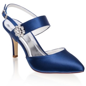 Elegant Pointed Toe With Ankle Strap Stiletto 8 cm High Heels Royal Blue Satin Bridals Wedding Shoes Dress Shoes Metal Jewelry Sandals For Women