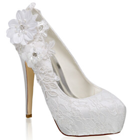 Escarpin Dentelle Fleurs Talon Aiguille Perlée Appliques Ivoire Avec Strass Élégant A Talon 13 cm Satin Chaussure Mariage