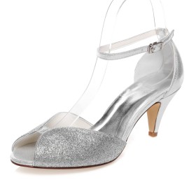 7 cm Heeled Sparkly Open Toe Dress Shoes Silver With Ankle Strap Round Toe Wedding Shoes Womens Sandals Gorgeous