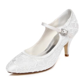 Stilettos Wedding Shoes For Bridal With Ankle Strap 7 cm Heeled White Pumps Flower