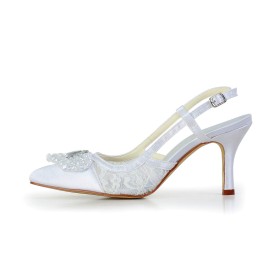 Mesh Satin Brautschuhe Sandalen Damen Weiß Ballschuhe Mit 8 cm Hohe Absatz Elegante Stiletto Cut Out Perlen