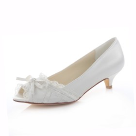 Slip On With Bow Satin Pumps Low Heeled Peep Toe Appliques