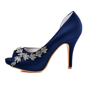 Festliche Schuhe Marineblau Mit Strasssteine Rund Spitze Elegante Pfennigabsatz High Heels Sandalen Damen