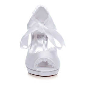 10 cm High Heel Stilettos Pumps Weiß Elegante Brautschuhe Rüschen Damenschuhe
