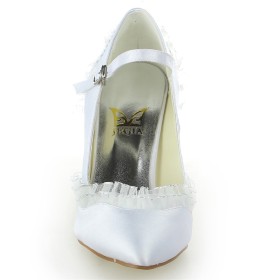 Buckle Spitz Stiletto Pumps Ballschuhe Schuhe Damen Weiße Satin Mit 8 cm High Heels