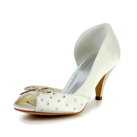 Sandaal Dames Strik Naaldhakken Strass Satijnen Formele Middelhoge Heels Elegante Peeptoes