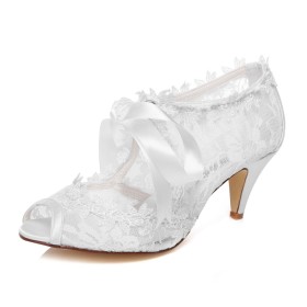 Wedding Shoes For Bridal Cut Out Round Toe Open Toe 2021 Mid Heel Bowknot Tulle Lacing Up Sandals