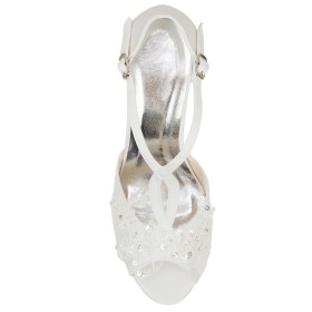 Peeptoes Sandaletten Mit 10 cm Hohe Absatz Festliche Schuhe Satin Ivory Rund Brautschuhe Riemchenpumps Stilettos