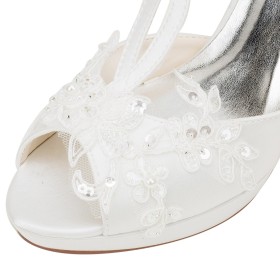 Peeptoes Sandaletten Mit 10 cm Hohe Absatz Festliche Schuhe Satin Ivory Rund Brautschuhe Riemchenpumps Stilettos