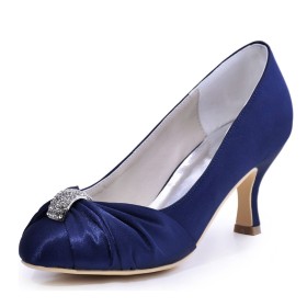 Stilettos Mid High Heeled With Metal Jewelry Pumps Dark Blue Pleated Stylish Wedding Shoes