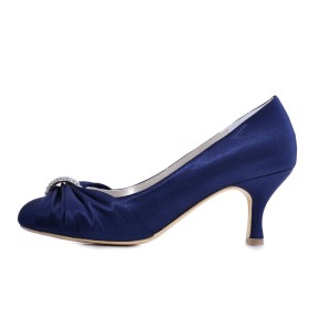 Plissettata Cerimonia Con Fibbia Raso Blu Navy Tacco A Spillo Tacco Medio Décolleté Scarpe Da Sposa Eleganti