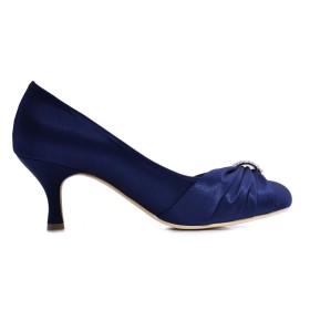 Plissettata Cerimonia Con Fibbia Raso Blu Navy Tacco A Spillo Tacco Medio Décolleté Scarpe Da Sposa Eleganti