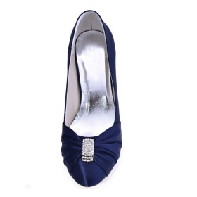 Plissettata Cerimonia Con Fibbia Raso Blu Navy Tacco A Spillo Tacco Medio Décolleté Scarpe Da Sposa Eleganti