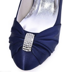 Talon 7 cm Plissée Chaussures Pour Femme Bijoux En Métal Ceremonie Strass Chaussure De Mariée Satin Bleu Marine Escarpin Élégantes