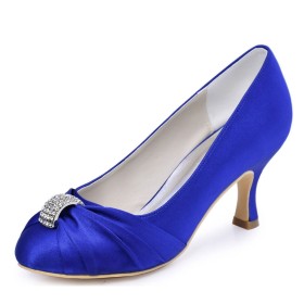 Talon 7 cm Plissée Chaussures Pour Femme Bijoux En Métal Ceremonie Strass Chaussure De Mariée Satin Bleu Marine Escarpin Élégantes