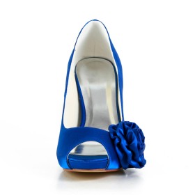Ballschuhe Sandalen Satin 10 cm High Heel Blaue Spitzenmuster Stilettos Elegante