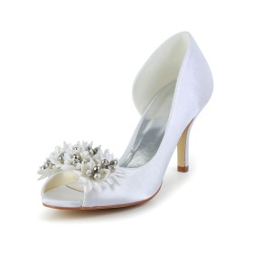 Peep Toe Bruidsschoenen Witte Naaldhakken Bloem Schoen 8 cm Highheel Pumps Galaschoenen