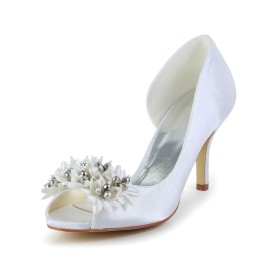 White Peep Toe Beaded Wedding Shoes For Bridal Satin Pumps Round Toe 3 inch High Heel Flowers Beautiful Stilettos