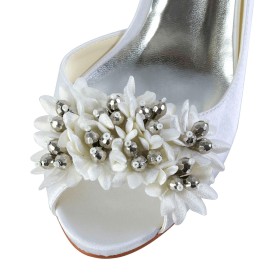 Belle Fleur Blanche Chaussure De Soirée Slip On À Talon Bout Ouvert Escarpin Talons Aiguilles Chaussures Mariée