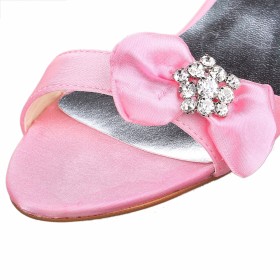 Middelhoge Heels Satijnen Enkelbandje Sandalen Dames Elegante Sleehakken Strik Roze Bruidsschoenen Gala Zomer Met Steentjes