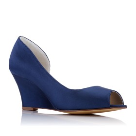 Mid High Heeled D orsay Sandals Blue Round Toe Wedding Shoes Wedges Peep Toe
