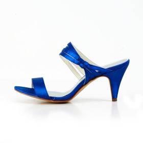 2021 Bout Rond Talon Mi Haut Chaussure Mariage Bleu Electrique Élégantes Sandale Femmes Satin