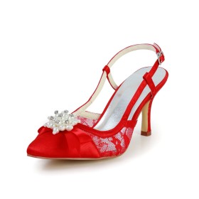 Red Tulle Womens Sandals 3 inch High Heeled Satin Party Shoes Pointed Toe Wedding Shoes For Bridal