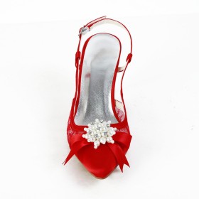 Red Tulle Womens Sandals 3 inch High Heeled Satin Party Shoes Pointed Toe Wedding Shoes For Bridal