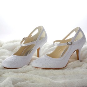 エレガント 靴 ラウンド トゥ アンクル ストラップ 白い ハイヒール 8センチ ピンヒール チュール サテン パンプス 結婚式 靴 フォーマル バックル 9821180348F