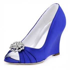 Pleated Beautiful Wedge Royal Blue 2021 Slip On Evening Party Shoes 3 inch High Heel Pumps Round Toe Peep Toe Rhinestones Wedding Shoes For Bridal