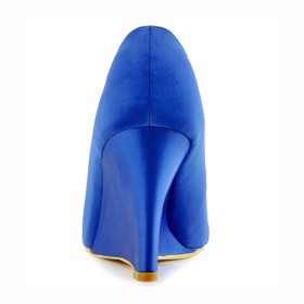 Pleated Beautiful Wedge Royal Blue 2021 Slip On Evening Party Shoes 3 inch High Heel Pumps Round Toe Peep Toe Rhinestones Wedding Shoes For Bridal