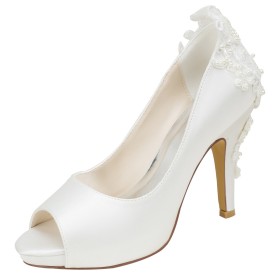 Elegant Satin Round Toe 4 inch High Heel Pearl Stilettos Wedding Shoes For Women Pumps Womens Sandals