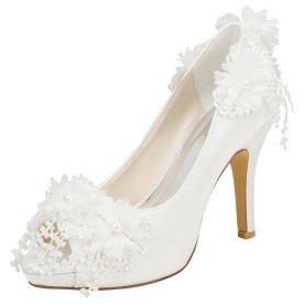 Pumps 10 cm High Heels Elegante Satin Mit Geblümte Sandalen Ivory Sommer Peeptoe Abendschuhe Spitzenmuster Brautschuhe