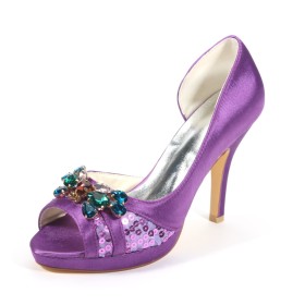 Violett Elegante Satin Sandalen Damen Mit 10 cm High Heels 2021 Festliche Schuhe Hochzeitsschuhe Peeptoe