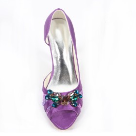 Élégantes Satin Violette Peep Toes 2021 Talons Aiguilles Talons Hauts Bout Pointu Chaussure Mariage Cristal Sandale Chaussure De Soirée