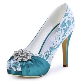 Elegant Satin 2021 Stilettos Round Toe Lace Metal Jewelry Pumps 4 inch High Heel Pleated Dress Shoes Light Blue Wedding Shoes For Women