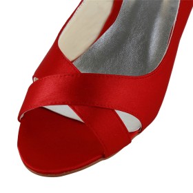 Rote Abendschuhe Schuhe Damen Mit 4 cm Niedriger Absatz Kitten Heel Brautschuhe Peeptoe Elegante Satin Pumps