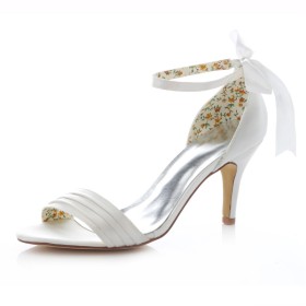 Elegante Bianche Con Lacci Scarpe Da Sposa Tacco Alto Tacchi A Spillo Con Fiocco Sandali Scarpe Cerimonia Estivi