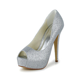 Silver Stiletto Open Toe Pumps Platform Glitter 5 inch High Heel Party Shoes Sparkly Slip On Bridals Wedding Shoes
