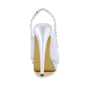 Plateau Slingpumps Brautschuhe Satin Stilettos Stöckelschuhe Mit Strasssteine Elegante Schuhe Damen 13 cm High Heels Weiße Peeptoes