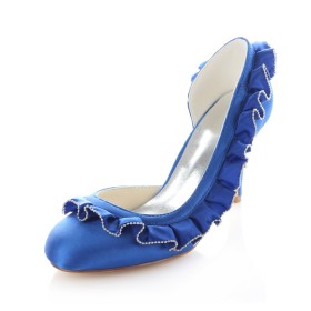 Pumps Beautiful 3 inch High Heel Royal Blue Round Toe Satin Dress Shoes With Ruffle