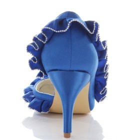 Talons Aiguilles Elegante Escarpin Froufrou Chaussure Bout Rond A Talon Haut 8 cm Bleu Roi