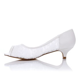 Peep Toe Formal Dress Shoes Beautiful White Low Heel Slip On Pumps Lace