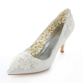 Pumps Stilettos Bridal Shoes Elegant Satin Lace Pointed Toe Dress Shoes Womens Footwear 3 inch High Heel
