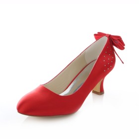 Slip On Red 2 inch Low Heel Almond Toe Pumps Satin Dress Shoes